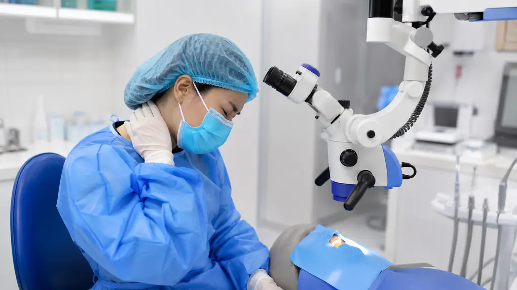 Dentist maintaining an upright posture while using a dental microscope
